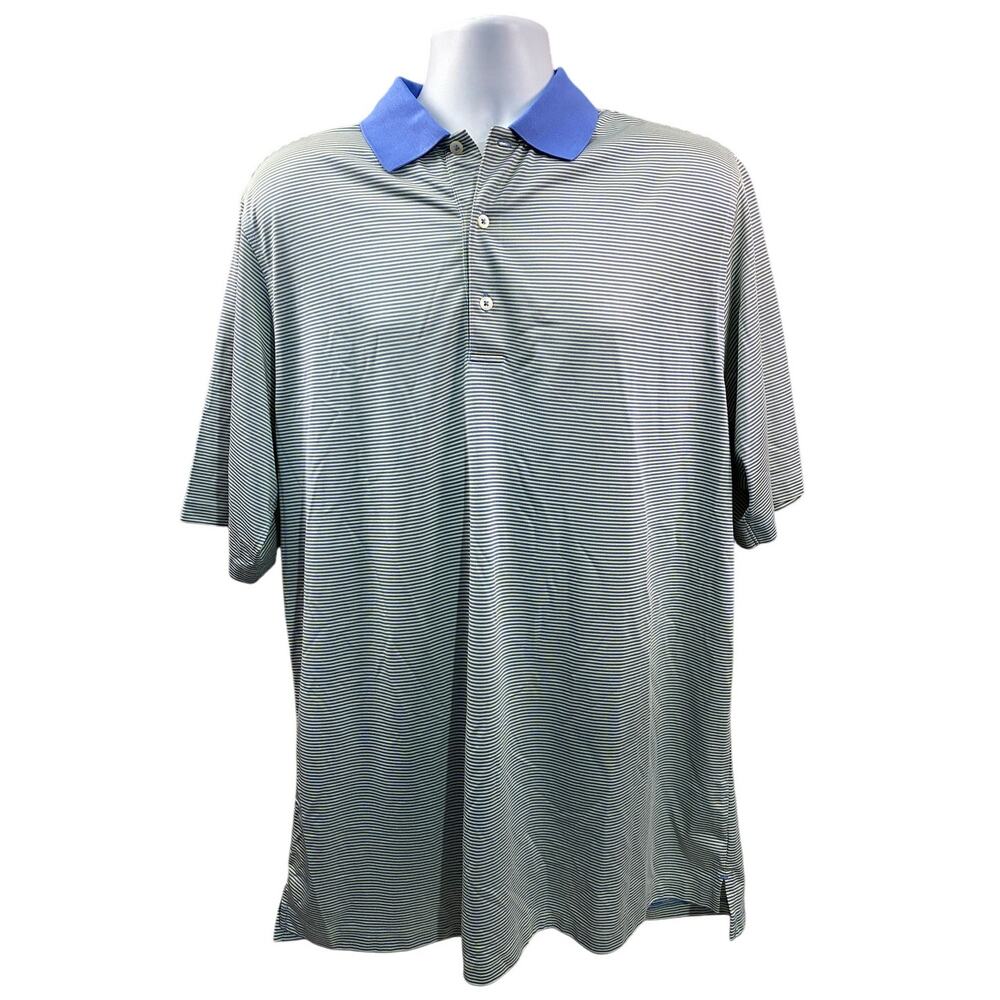 Donald Ross Grey Blue Striped Polo Shirt Size L 100% Polyester Golf Casual